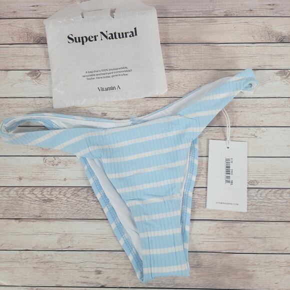 NWT Vitamin A California High Leg Bikini Bottom Sky Ecorib Stripe Size Large - Picture 1 of 6